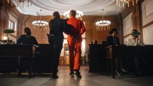 In a cinematic court scene, a male criminal in an orange jumpsuit is escorted by a security guard as the jury observes solemnly.