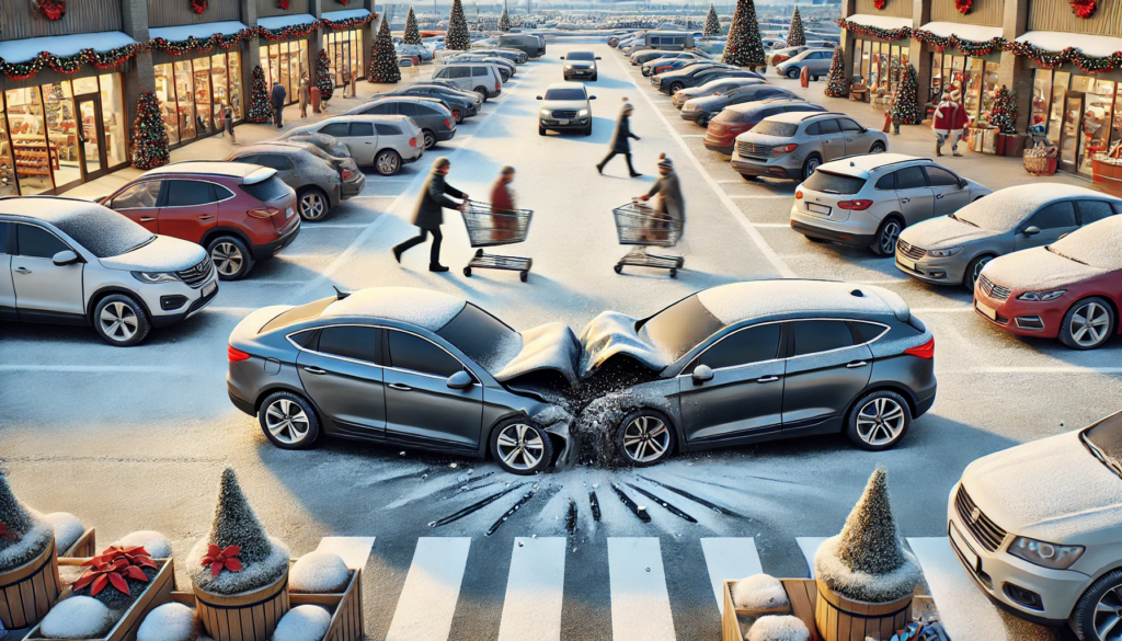 Busy parking lot during the holiday season in Tulsa with cars and shoppers, emphasizing safety awareness