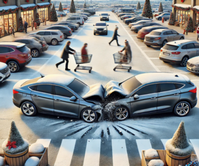 Busy parking lot during the holiday season in Tulsa with cars and shoppers, emphasizing safety awareness