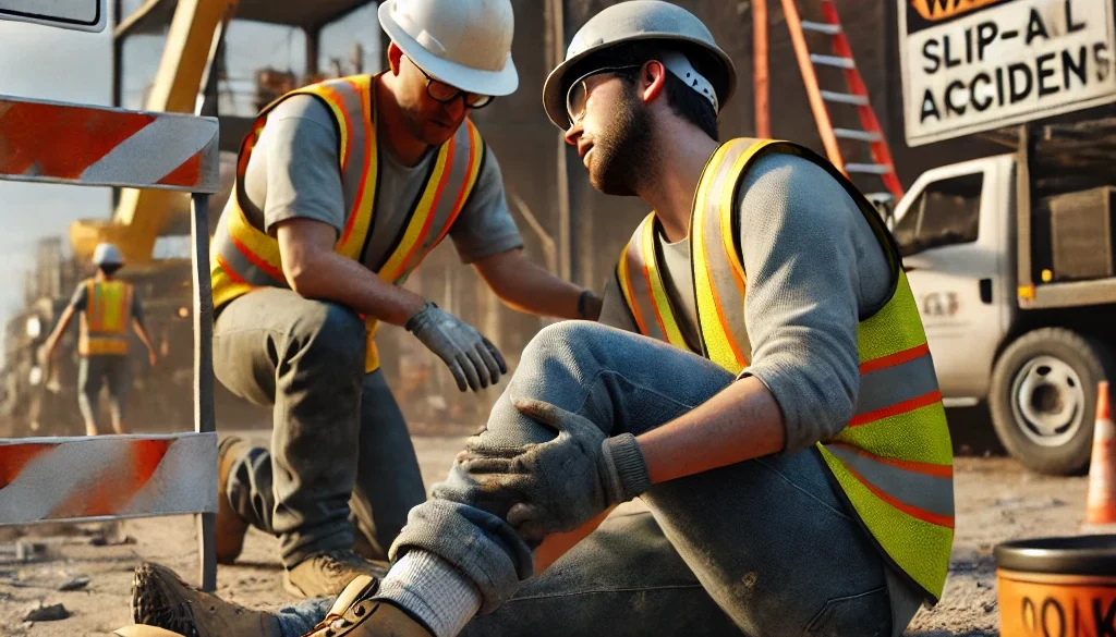 A construction worker in a safety vest and helmet sits on the ground holding their ankle after a minor slip-and-fall accident. Another worker kneels nearby, offering assistance. The background features scaffolding, construction equipment, and warning signs, emphasizing workplace safety.