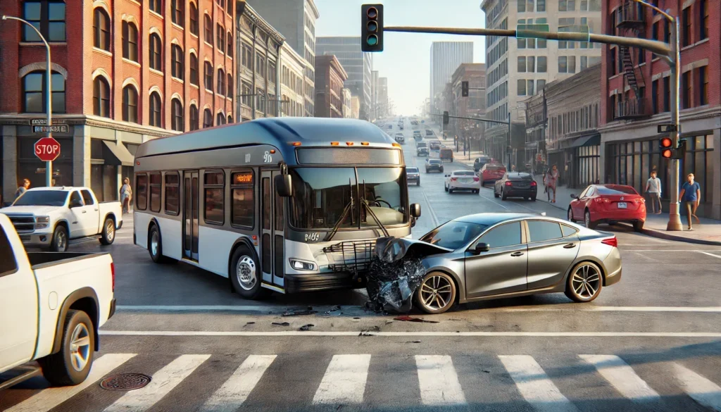 A city bus involved in a minor fender bender with a car on a busy street in Tulsa, Oklahoma, with slight damage visible on both vehicles. The scene illustrates what happens when a passenger is injured on a bus, with bystanders and light traffic present.