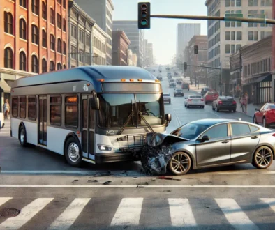 A city bus involved in a minor fender bender with a car on a busy street in Tulsa, Oklahoma, with slight damage visible on both vehicles. The scene illustrates what happens when a passenger is injured on a bus, with bystanders and light traffic present.