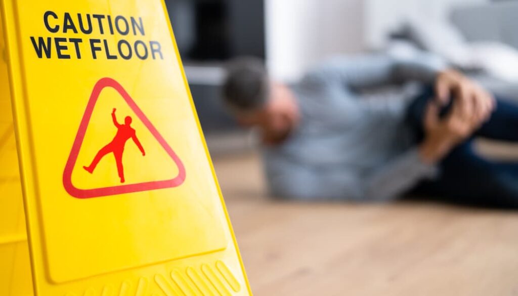 Caution wet floor sign with an injured man holding his knee in the background after a slip and fall accident.