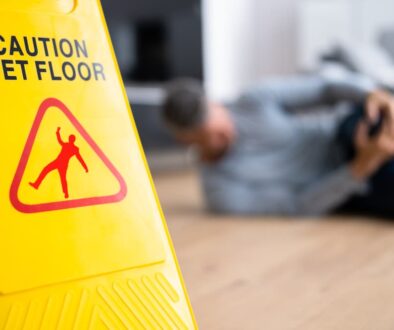 Caution wet floor sign with an injured man holding his knee in the background after a slip and fall accident.