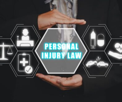 Personal injury law concept with icons representing legal and medical elements.