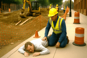 Bystander injured near a Tulsa construction site, lying on pavement with a worker nearby.