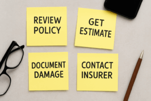 Sticky notes showing steps for an Oklahoma fire damage insurance claim: Review Policy, Get Estimate, Document Damage, Contact Insurer.