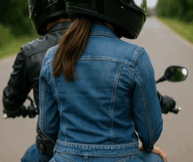 Motorcycle passenger riding behind the driver on a road in Tulsa