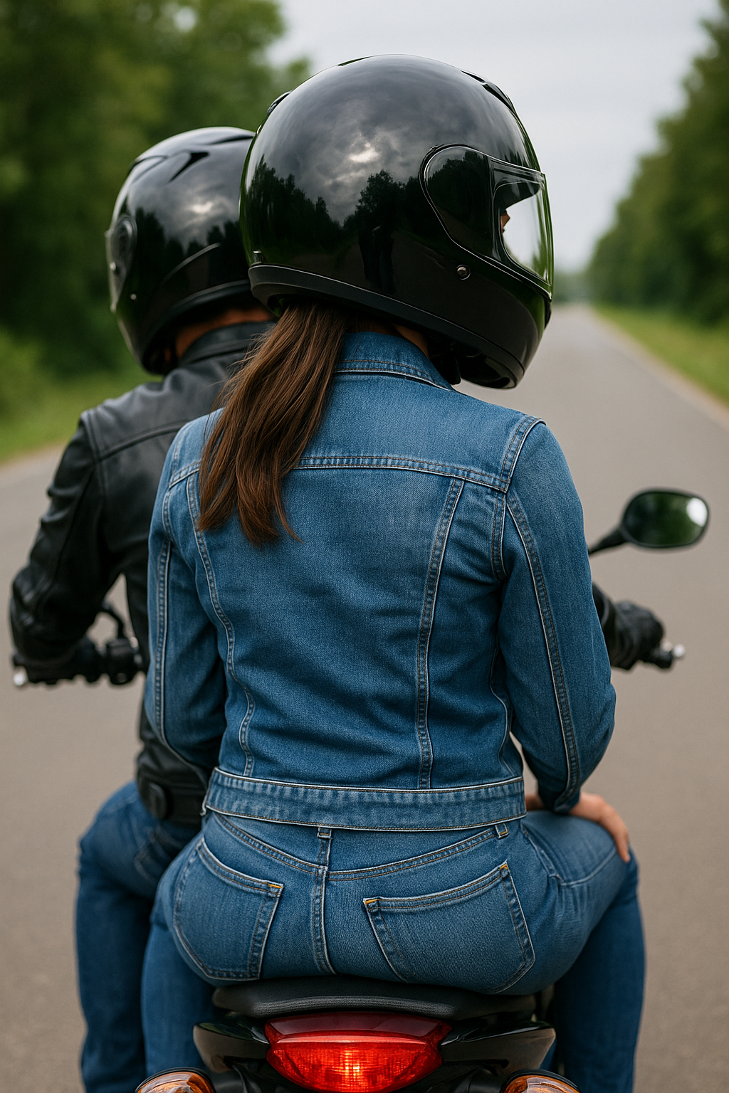 Motorcycle passenger riding behind the driver on a road in Tulsa
