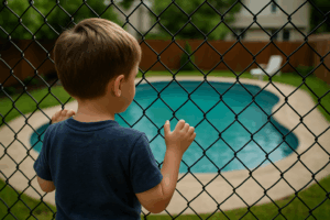 Young child peering through a fence toward a private backyard swimming pool