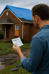 Tulsa resident reviewing an insurance document outside a storm-damaged brick home.