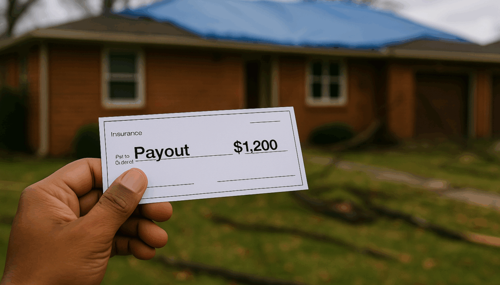 Tulsa homeowner holding a small insurance payout check in front of a storm-damaged house with a blue tarp roof.