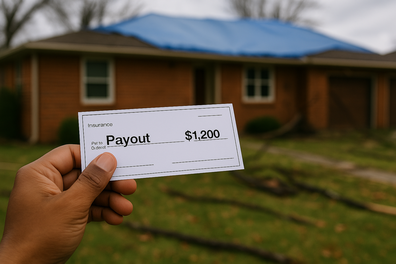 Tulsa homeowner holding a small insurance payout check in front of a storm-damaged house with a blue tarp roof.