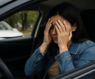 Woman sitting in a car with her face in her hands, showing emotional distress after a car accident