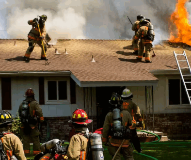 Firefighters battling a house fire while flames shoot from the roof and smoke fills the air