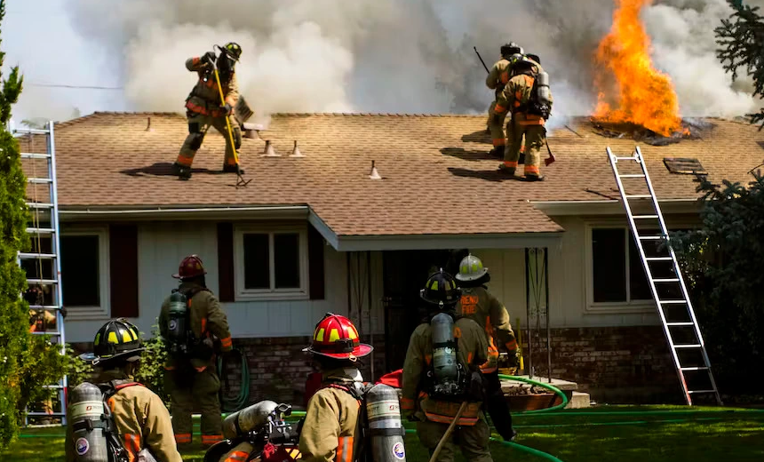 Firefighters battling a house fire while flames shoot from the roof and smoke fills the air
