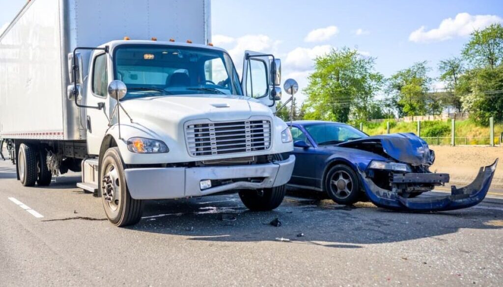 Semi-truck and car crash on highway