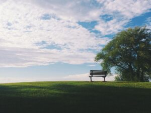 Empty Park bench under a cloudy sky symbolizing grief and loss after a wrongful death